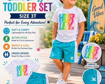 VTG Hurley Toddler 2-Piece Athletic Play Set | Size 3T | Unisex White Tee & Aqua Shorts | Summer Outfit