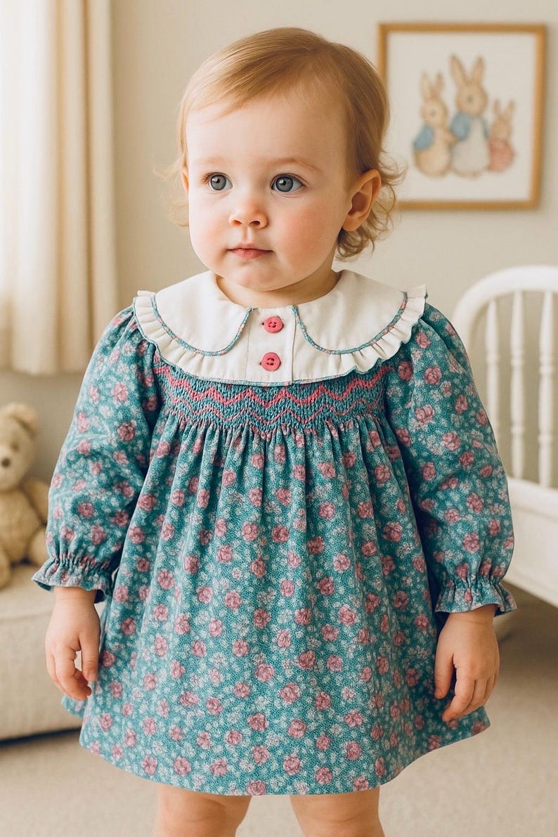 Puede incluir: Vestido turquesa con estampado floral, cuello blanco y botones rosas. El vestido tiene mangas largas con pu&ntilde;os con volantes y un corpi&ntilde;o smock. El vestido est&aacute; dise&ntilde;ado para un beb&eacute; o un ni&ntilde;o peque&ntilde;o.