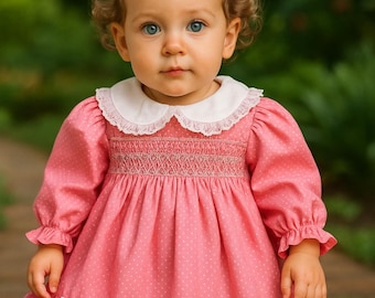 Pretty Pink Polly Finders Handsmocked Baby Dress With Lace Hem Trim Dress Set w/lace trimmed socks/pink hair bow Sz 12M