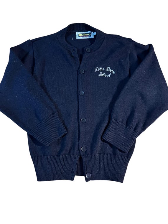 Vintage Blueberry Apparel School Uniform Set | Notre Dame School | Plaid Jumper + Navy Cardigan | Made in USA | Girls approx 4-5 View 4