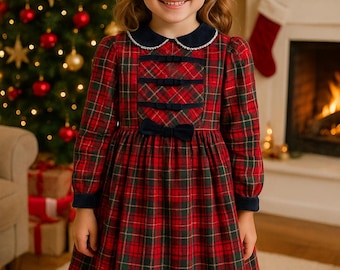 Vintage 1980s Heartstrings Girls Red Plaid Dress Size 6, 100% Cotton Velvet Trim Christmas Holiday School Dress