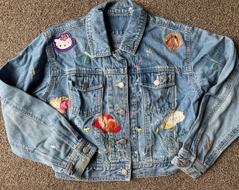 Really Cool Vintage Embroidered Embellished for that free spirited older girl Denim Jacket w/lots of life and love older taller girls 12+