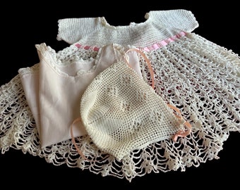 Antique Hand Crocheted Creamy White Dress/Pink ribbon trim & Slip incl. Antique hand crocheted bonnet Girl or large doll Set SZ 18M