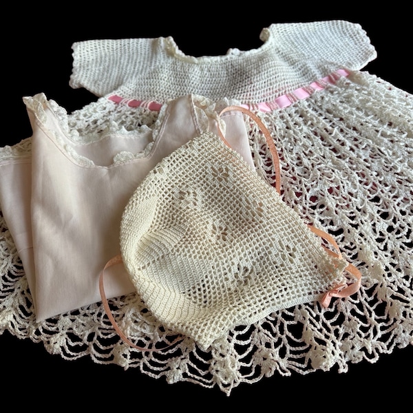 Antique Hand Crocheted Creamy White Dress/Pink ribbon trim & Slip incl. Antique hand crocheted bonnet Girl or large doll Set SZ 18M