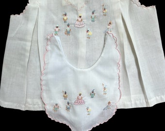 VTG White Hand Embroidered Diaper Topper & Matching Bib Made in Philippines SZ 3-6M