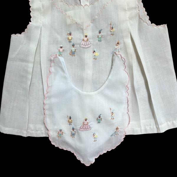 VTG White Hand Embroidered Diaper Topper & Matching Bib Made in Philippines SZ 3-6M