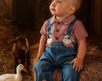 1960s Country Cowboy one piece Blue Longalls with faux red gingham shirt embellished with happy cows w/diaper snaps Sz 9-18M