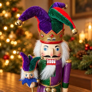 May include: A wooden nutcracker figure wearing a jester hat with purple, green, and red velvet sections, gold bells, and a crown with red gems. The figure has white hair, a mustache, and holds a smaller matching jester nutcracker ornament.