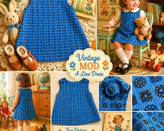 Vestido jardineira vintage estilo anos 60 com estampa Mod e modelagem evasê | Vestido azul geométrico | Vestido retrô para meninas pequenas, tamanho 2-3T