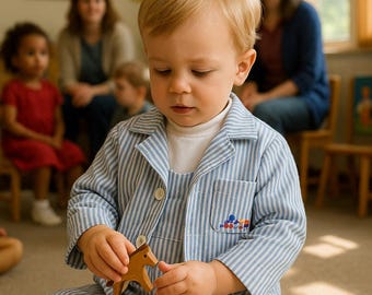 Cute Seersucker Blue Striped Two piece Overalls, Jacket w/attached Vest Toddler Set SZ 18M