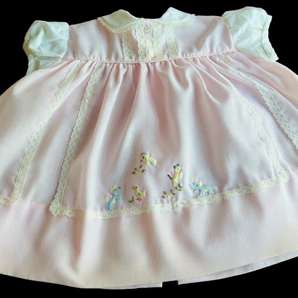 VTG 1960s Baby Girl or Large Doll Pink Animal  Embroidered/Diaper Dress - SZ. Newborn to 3M