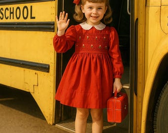 VTG Polly Flinders Red Hand Smocked Embroidered, White Collar Cuff Eyelette School Dress - SZ. 4T