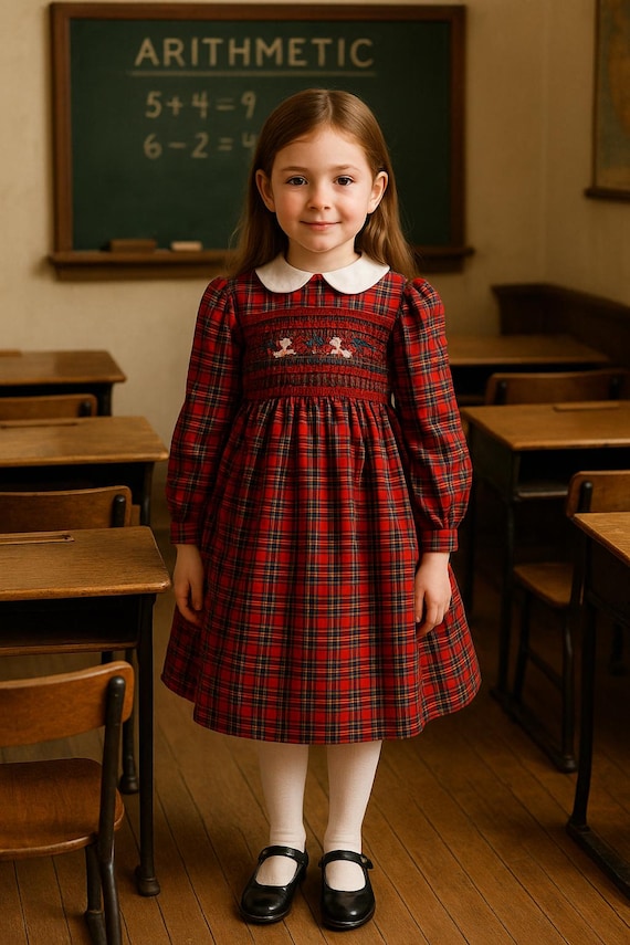 Vintage Polly Flinders Red Plaid Smocked Dress Size 5–6, Hand Embroidered Girls Christmas Holiday School Dress, White Eyelet Collar