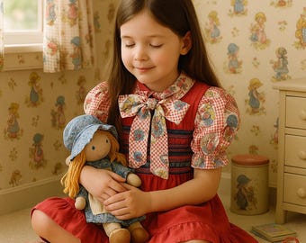 Blast from the past 1980s VTG whimsical Holly Hobbie dress with smocking front tie ruffled hem from the Growing Girl Collection size 8