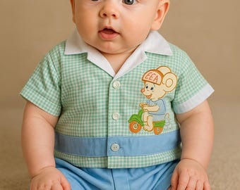 Baby boy suit Gift Set Cradle Togs New from Deadstock  little motorcycle motif, topper w/ vinyl lined matching Blue shorts SZ 12-18M