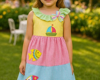 Vestido de fiesta de seersucker de edición limitada, talla 6X, vestido veraniego náutico con apliques de veleros y peces, ideal para cumpleaños de niñas.