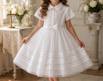 Vintage doorschijnende witte kanten communiejurk Assepoester, maat 5-6 jaar | Heirloom jurk bloemenmeisjes eerste communie | Doorzichtige organza-overlay formeel