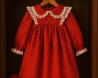 Vintage 1970s Bryan Red Polka-Dot Lace Dress | White Rose Lace Trim | Long-Sleeve Holiday Portrait Dress | Sz Approx. 4T