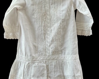 Stunning 1900s Pollyanna White Batiste Lawn Toddler or Large Antique Doll Dress W/exquisite embroidery/ cut lace/pintucks SZ 18-24M