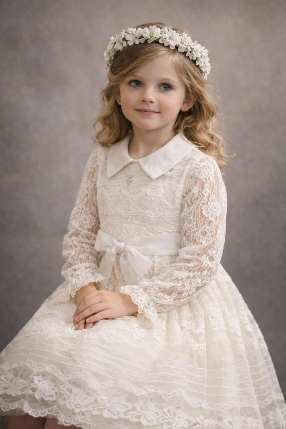 vintage first communion dresses Long Sleeve A-line Flower Girl Dress 2351 Pre-Order 2-3 years / Cappuccino/ Rose AsPicture (RosyBrown) This dress is perfect for first communion Simple Classic Lace First Communion