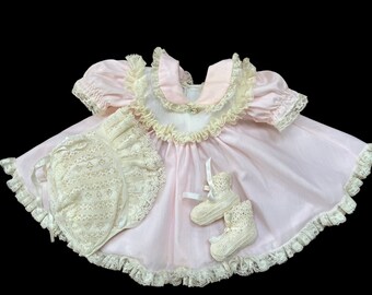 VTG Pink Frilly Dress Bonnet Bootie Set Doll or Baby 0-3M