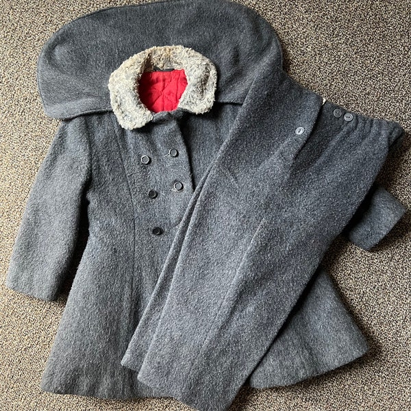 1960s Winter Wool Gray w/attached cape Coat & Matching Pants Patti PlayPal Himstedt Toddler Girl SZ 3T