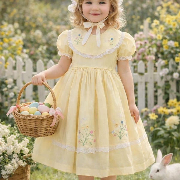 Vintage 1950s Hand-Embroidered Yellow Organdy Dress | Butterfly & Floral Motif | Spring Easter Dress | Size 4–5T