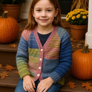 Könnte beinhalten: Ein Kind trägt eine mehrfarbige gestreifte Strickjacke mit weißen Knöpfen und einer blauen Jeans. Die Strickjacke hat Blöcke in Rosa, Blau und Grün. Kürbisse und Herbstlaub sind im Hintergrund.