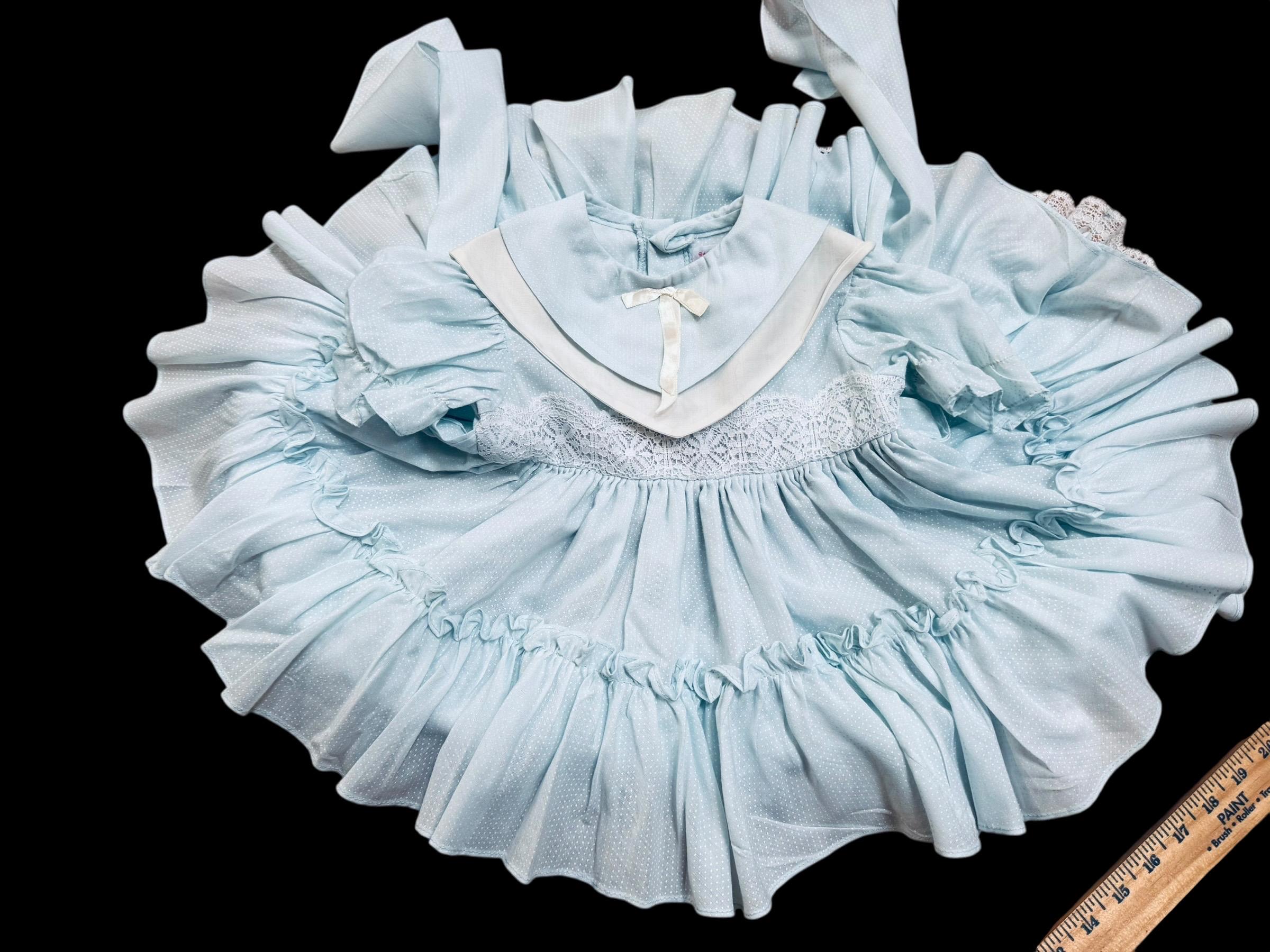 Martha's Miniatures Twirl Dress Sz 2-3T | Powder Blue Dotted Swiss | Lace Pinafore and Hidden Jingle Bell | Heirloom Boutique Martha's Miniatures Twirl Dress Sz 2-3T | Powder Blue Dotted Swiss | Lace Pinafore and Hidden Jingle Bell | Heirloom Boutique