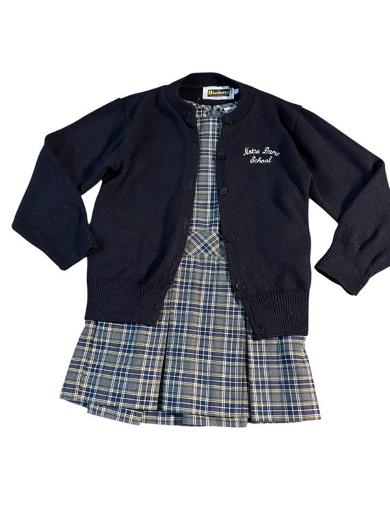 Vintage Blueberry Apparel School Uniform Set | Notre Dame School | Plaid Jumper + Navy Cardigan | Made in USA | Girls approx 4-5 View 2