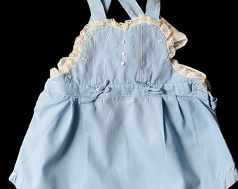 1950s Vintage Blue Toddler  Girl's Sun Suit Hand Embroidered w/MOP Buttons Back Tie Approx 12-18M