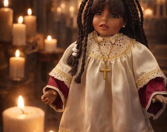 Vintage 1993 Cindy Shafer porseleinen AA-koorpop 15" | Kerkerfstukmeisje met kruisketting | Verzamelpop met gevlochten haar