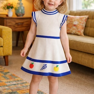 May include: A cream-colored knit dress with blue trim and fruit embroidery. The dress features a high neckline, ruffled sleeves, and a flared skirt. The child is also wearing a blue headband, white socks, and white shoes.