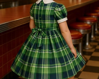 1950 Rare Polly Flinders Handsmocked Navy Green Tartan Plaid White Trimmed Collar Cuffs - SZ. 4T
