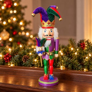 May include: A jester nutcracker figurine wearing a multi-colored velvet hat with gold bells, a gold crown, and a purple and green jacket. The figure holds a miniature jester staff and stands on a round purple base with green glitter trim.