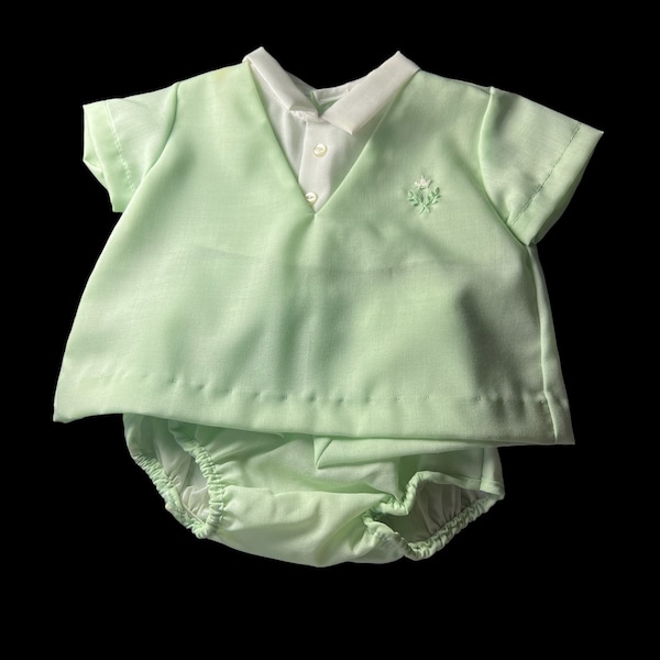 1960s Nannette NB or Doll Baby Boy Green Diaper Suit w/plastic lined Diaper cover NB or Preemie