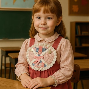 May include: A young girl wearing a pink and red corduroy dress with a decorative bib. The bib features a patchwork design with a pink bow and lace trim. The dress has long sleeves and a Peter Pan collar. The girl is standing in a classroom.