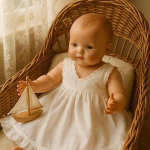 May include: A vintage-style doll with blue eyes and a white dress, seated in a wicker cradle. The doll holds a small wooden sailboat. The dress has lace trim. The doll's skin has a realistic tone.