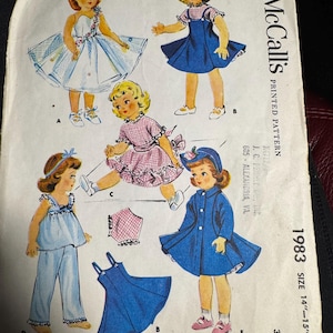 Vintage 1955 McCall’s Doll Clothes Pattern No. 1983 | Slim Girl Dolls (Sweet Sue, Toni, Maggie, Alice) | Cut Complete Pattern |