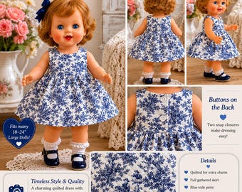 Vintage Quilted Toile Jumper Dress | Baby or Large Doll | Blue & White Storybook Print | Fun Frills by Doris Brask
