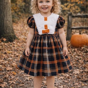 burnt orange plaid dress Girls Burnt Orange and Boho Floral Twirl Dress, Fall Family Photos Dress for Girls, Modern Twirly Dress, Unique Girls Dresses, Toddler Dress