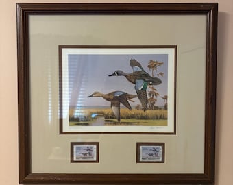 1990 David Noll Luisiana Primer Sello Estatal de Patos Impresión Firmada Enmarcada Ducks Unlimited