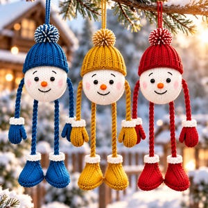 Könnte beinhalten: Drei hängende Schneemann-Ornamente in Blau, Gelb und Rot. Jedes hat einen runden weißen Kopf mit Karottennase, eine passende Strickmütze mit Bommel, lange Arme und Beine aus Kordel sowie gestrickte Fäustlinge und Stiefel mit weißen Bündchen.