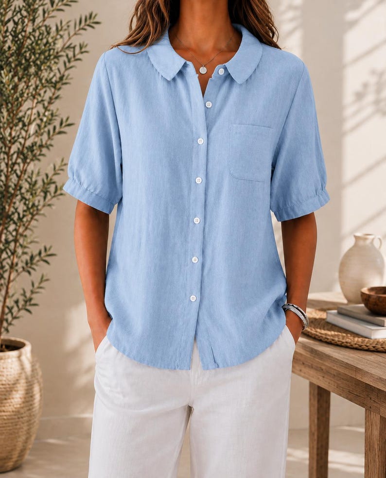Women’s Collared Button Front Shirt, Casual Short Sleeve Top - Etsy ...