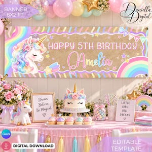 May include: A rectangular party banner featuring a unicorn illustration, a rainbow, and the text HAPPY 5TH BIRTHDAY Amelia. The design includes pastel stars, a scalloped border, and measures 6x2 feet. The banner is displayed above a table.