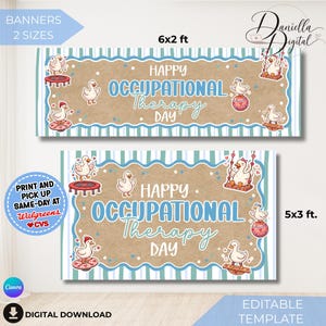 Puede incluir: Dos pancartas rectangulares con borde de rayas azul claro y blanco y centro color canela. El texto dice HAPPY OCCUPATIONAL THERAPY DAY. El diseño presenta patos de dibujos animados en trampolines, columpios y tablas de equilibrio.