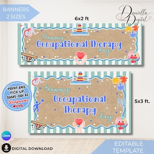 Puede incluir: Dos pancartas rectangulares para el Día de la Terapia Ocupacional, una de 183x61 cm y otra de 152x91 cm. Ambas presentan un centro marrón con bordes ondulados azules, rayas blancas e ilustraciones de una silla de ruedas y piezas de rompecabezas.