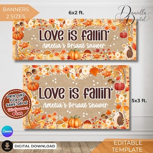 Puede incluir: Dos pancartas rectangulares con fondo de papel kraft con ilustraciones otoñales de calabazas naranjas, setas marrones, bellotas, flores blancas y un erizo. El texto dice Love is fallin' Amelia's Bridal Shower en color marrón.