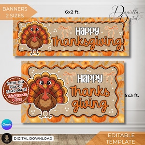 Happy Thanksgiving Banner Template. Fall Season Backdrop Decor. Silly Turkey and Bows Printable Sign. Family Reunion, School Decoration.