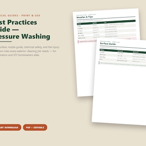 Puede incluir: Un documento digital titulado Best Practices Guide - Pressure Washing, que incluye dos p&aacute;ginas con tablas para Nozzles & Tips y Surface Guide. El texto contiene rangos de PSI, tipos de boquillas e informaci&oacute;n de seguridad para limpieza.